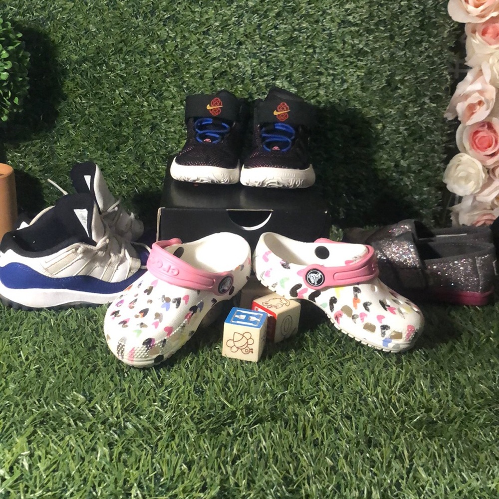 Toddler size 7c all four pair bundle . Crocs , Tom’s , Kyrie and Jordan 11  lows